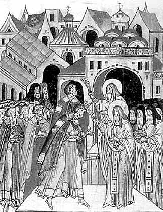Преподобный Сергий Радонежский благословляет великого князя Димитрия и иноков Пересвета и Ослябю на ратный подвиг. “Повесть о Куликовской битве”. XVI в.