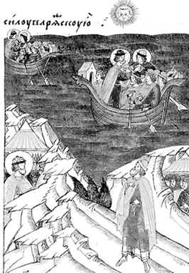 Чудесное явление святых мучеников князей Бориса и Глеба перед сражением со шведами. Миниатюра. XVI в.